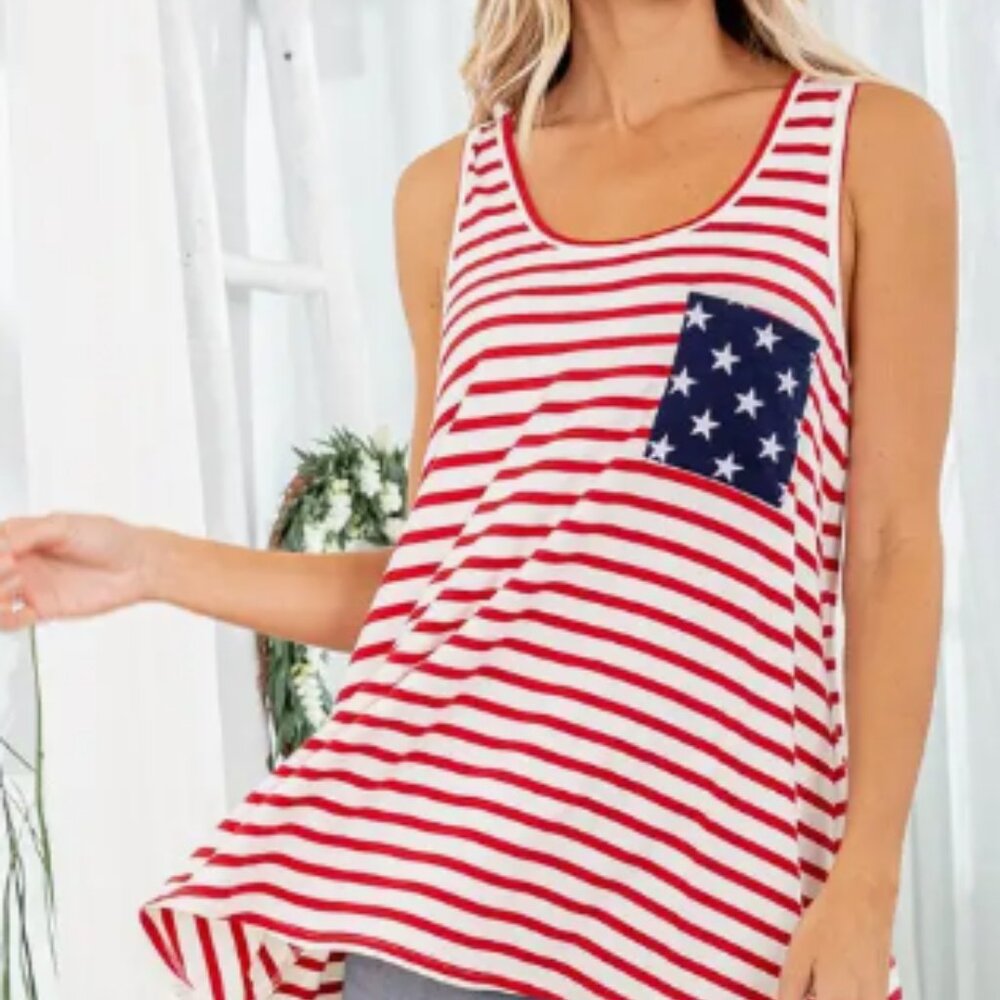 Stripe Top with Star Pocket and Ribbon Back